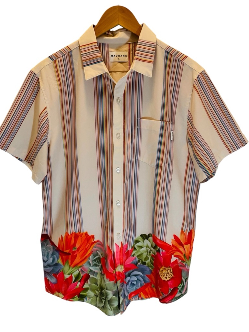 Mavrans Picante Weekend Short-Sleeve Button-up Shirt Striped with Floral Hem SzL